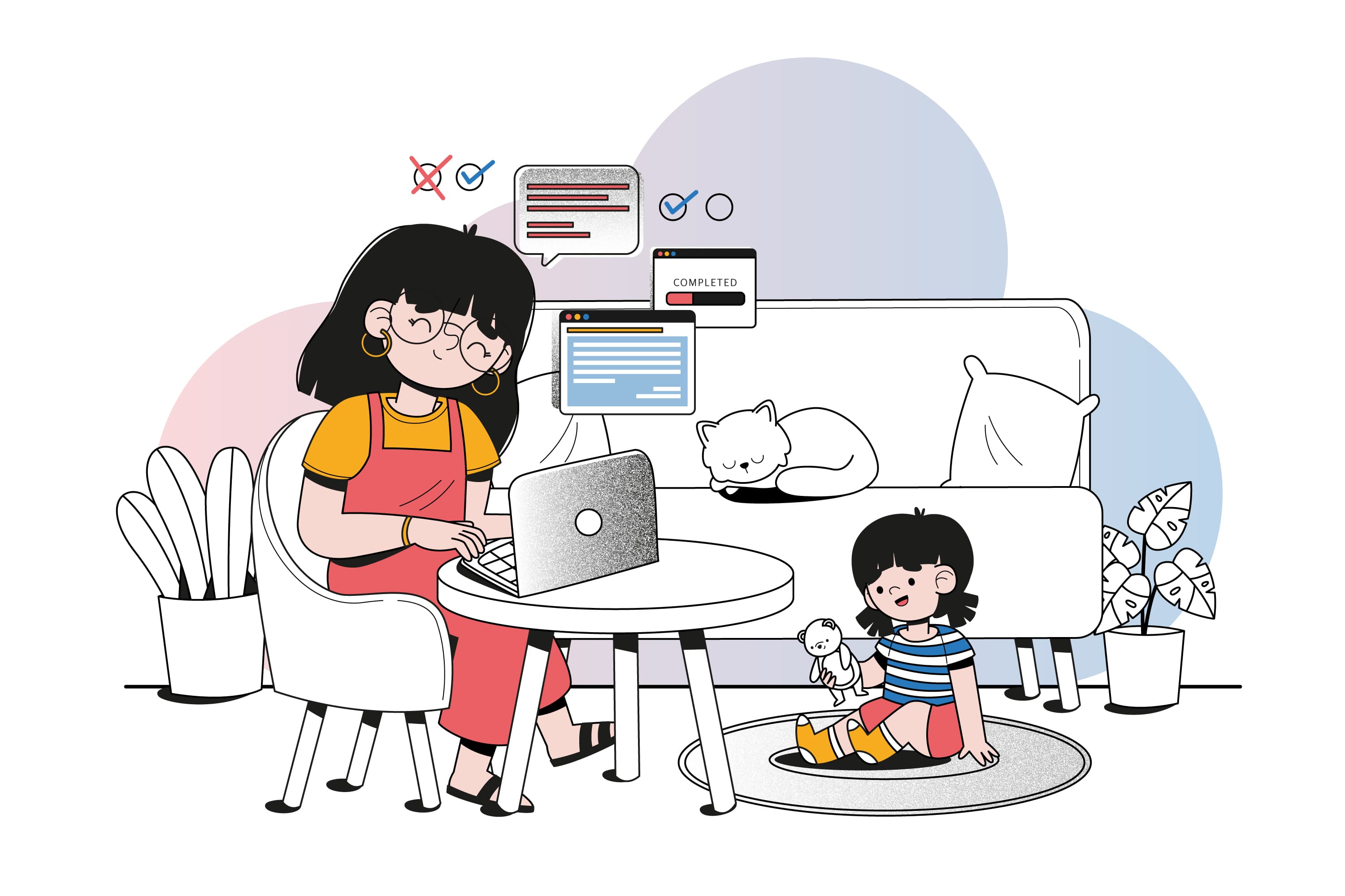 Woman working from home at desk with laptop, floating UI elements, checkmarks, and cozy home environment